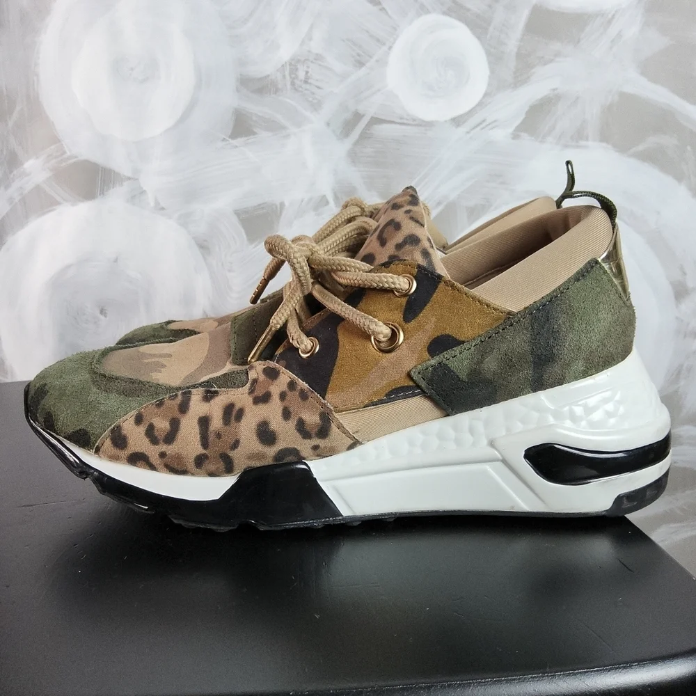 STEVE MADDEN Wmns Sz 9M Green Camo Animal Print Sneaker FashionCore Wedge Shoes - Picture 3 of 11